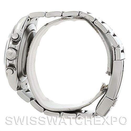 The image shows a side view of a Rolex Daytona 116520 Men's Stainless Steel Black Dial 116520 Men's Stainless Steel Black Dial watch, highlighting the bracelet, lugs, crown, and pushers.