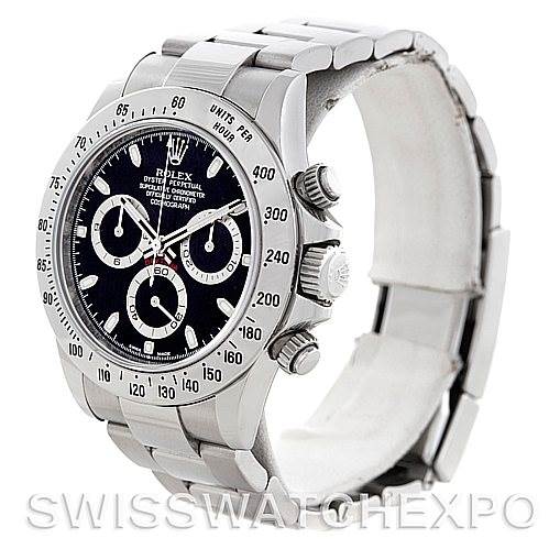 The Rolex Daytona 116520 Men's Stainless Steel Black Dial 116520 Men's Stainless Steel Black Dial watch is shown at a three-quarter angle, highlighting its face, bezel, crown, and part of its bracelet.