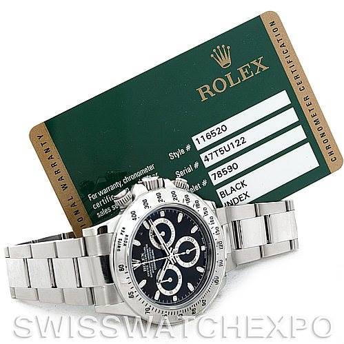 The image shows a Rolex Daytona 116520 Men's Stainless Steel Black Dial 116520 Men's Stainless Steel Black Dial watch with a stainless steel bracelet and a black dial, alongside its accompanying certification card.