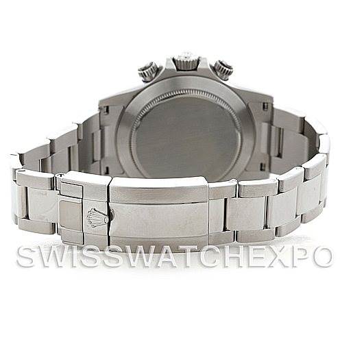 The image shows the back view of a Rolex Daytona 116520 Men's Stainless Steel Black Dial 116520 Men's Stainless Steel Black Dial watch, including the bracelet, clasp, and case back.