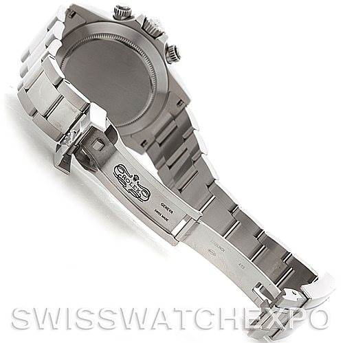 The image shows the back and open clasp of a Rolex Daytona 116520 Men's Stainless Steel Black Dial 116520 Men's Stainless Steel Black Dial watch with its stainless steel bracelet.