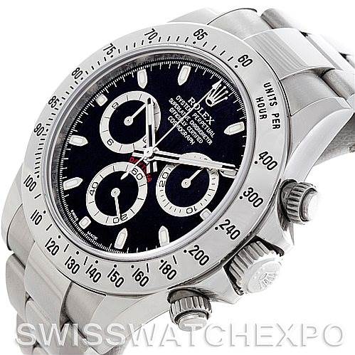 This image shows a Rolex Daytona 116520 Men's Stainless Steel Black Dial 116520 Men's Stainless Steel Black Dial watch angled from the front-left, highlighting its face, bezel, crown, and pushers.