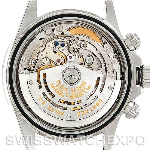 This image shows the back of a Rolex Daytona 16520 Men's Stainless Steel Black Dial 16520 Men's Stainless Steel Black Dial watch, specifically its exposed movement and intricate internal mechanisms.