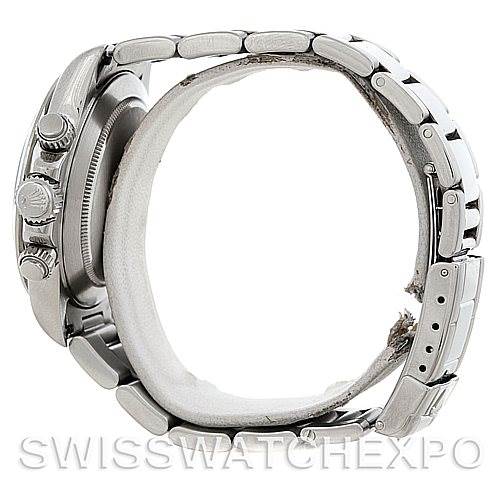 Side view of the Rolex Daytona 16520 Men's Stainless Steel Black Dial 16520 Men's Stainless Steel Black Dial watch showing the case, crown, pushers, and metal bracelet.