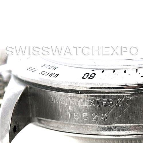 This image shows a close-up view of the side of a Rolex Daytona 16520 Men's Stainless Steel Black Dial 16520 Men's Stainless Steel Black Dial watch, focusing on the engraved model number 16520.