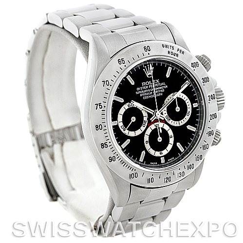 The image shows a front-side angle of a Rolex Daytona 16520 Men's Stainless Steel Black Dial 16520 Men's Stainless Steel Black Dial watch, highlighting its bezel, dial, and bracelet.