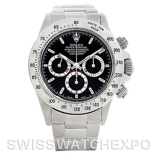 The image shows a front view of a Rolex Daytona 16520 Men's Stainless Steel Black Dial 16520 Men's Stainless Steel Black Dial watch, highlighting its black dial, three subdials, and stainless steel bracelet.