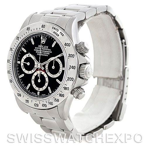 The image shows a side view of the Rolex Daytona 16520 Men's Stainless Steel Black Dial 16520 Men's Stainless Steel Black Dial watch, highlighting its bezel, crown, pushers, and part of the bracelet.