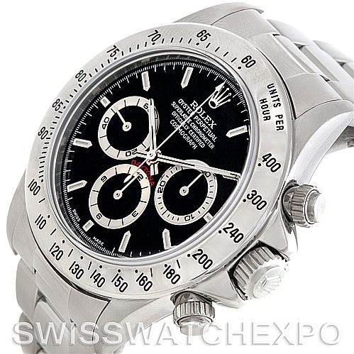 The image shows a Rolex Daytona 16520 Men's Stainless Steel Black Dial 16520 Men's Stainless Steel Black Dial watch at an angled view, highlighting the bezel, crown, pushers, and part of the bracelet.