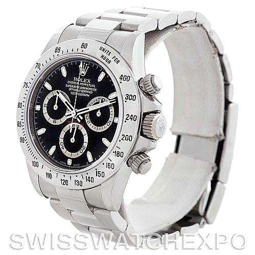 The Rolex Daytona 116520 Men's Stainless Steel Black Dial 116520 Men's Stainless Steel Black Dial watch is shown at a three-quarter angle displaying the dial, bezel, crown, subdials, and bracelet.