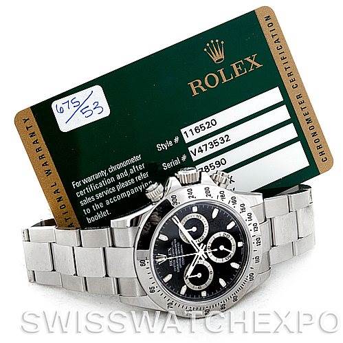 This image shows a Rolex Daytona 116520 Men's Stainless Steel Black Dial 116520 Men's Stainless Steel Black Dial watch positioned with its warranty card partially visible behind it.