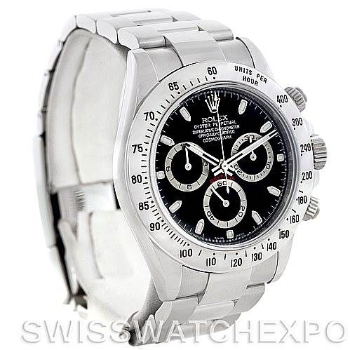 This image shows a Rolex Daytona 116520 Men's Stainless Steel Black Dial 116520 Men's Stainless Steel Black Dial watch angled to display its face, bezel, and part of the bracelet.