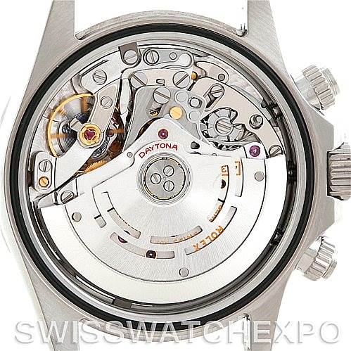 The image shows the internal movement and mechanism of a Rolex Daytona 116520 Men's Stainless Steel Black Dial 116520 Men's Stainless Steel Black Dial watch from a rear angle.