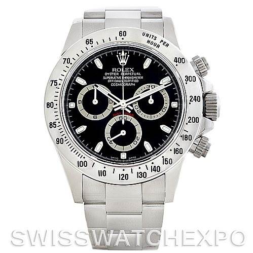 The image shows a front view of a Rolex Daytona 116520 Men's Stainless Steel Black Dial 116520 Men's Stainless Steel Black Dial watch, highlighting its black dial, three sub-dials, and stainless steel bracelet.