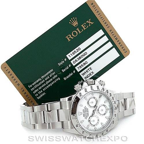 The image shows a Rolex Daytona 116520 Men's Stainless Steel White Dial 116520 Men's Stainless Steel White Dial watch with a white dial, displayed alongside its green certification card.