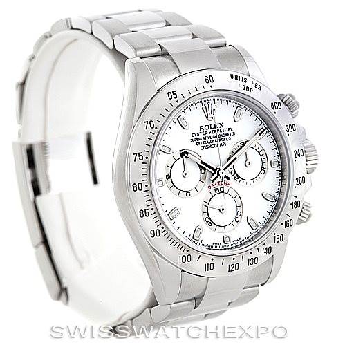 The image shows a Rolex Daytona 116520 Men's Stainless Steel White Dial 116520 Men's Stainless Steel White Dial watch featuring a side angle, displaying its dial, bezel, pushers, and bracelet.