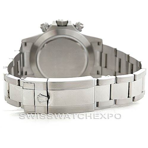 The image shows the back view of a Rolex Daytona 116520 Men's Stainless Steel White Dial 116520 Men's Stainless Steel White Dial watch, focusing on the clasp and bracelet.