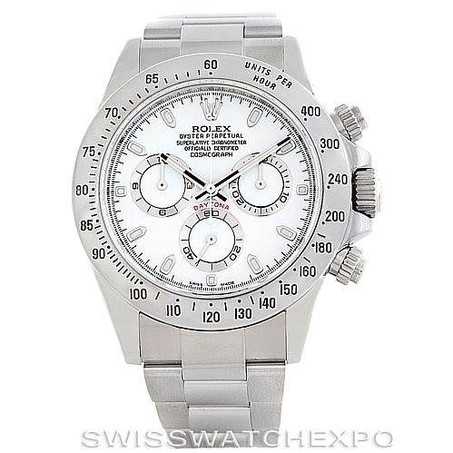This image shows a front-facing view of a Rolex Daytona 116520 Men's Stainless Steel White Dial 116520 Men's Stainless Steel White Dial watch, highlighting the dial, bezel, pushers, and bracelet.