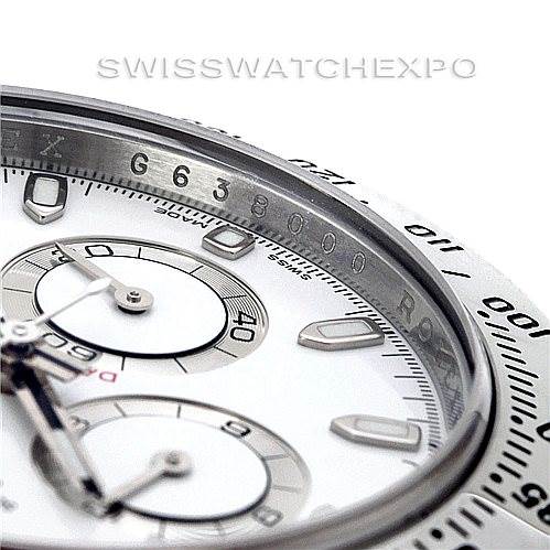 This image shows a close-up angle of the dial and bezel of a Rolex Daytona 116520 Men's Stainless Steel White Dial 116520 Men's Stainless Steel White Dial watch with its chronograph functions visible.
