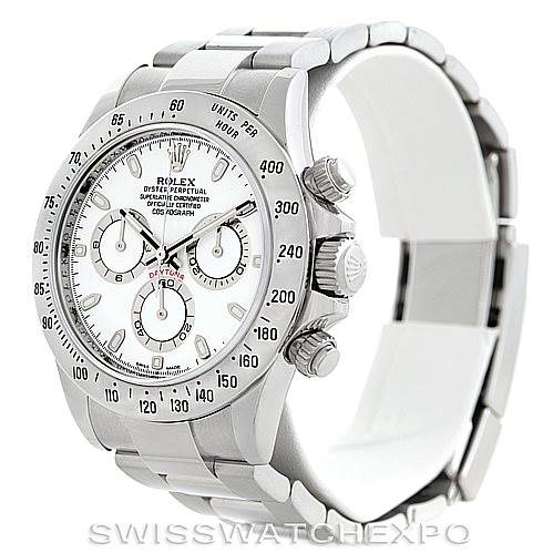 The image shows a Rolex Daytona 116520 Men's Stainless Steel White Dial 116520 Men's Stainless Steel White Dial watch at a three-quarter angle, highlighting the face, bezel, crown, and pushers.