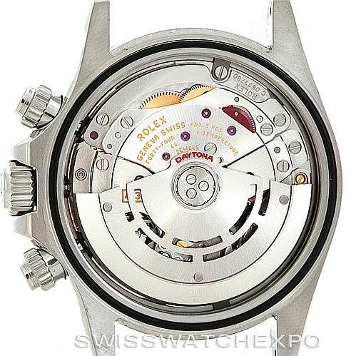 The image shows the backside view of a Rolex Daytona 116520 Men's Stainless Steel White Dial 116520 Men's Stainless Steel White Dial watch, displaying its exposed internal mechanical movement.