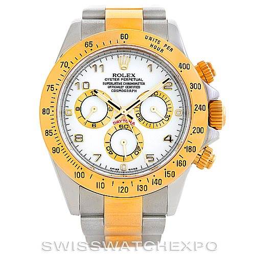 The image shows a front view of a Rolex Daytona 116523 Men's Steel and Gold (two tone) White Dial 116523 Men's Steel and Gold (two tone) White Dial watch, highlighting its dial, bezel, and chronograph pushers.
