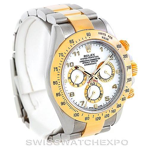 The image shows a Rolex Daytona 116523 Men's Steel and Gold (two tone) White Dial 116523 Men's Steel and Gold (two tone) White Dial watch at a three-quarter angle, displaying its dial, bezel, and bracelet.