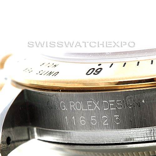 This image shows a close-up side view of the case and bezel of a Rolex Daytona 116523 Men's Steel and Gold (two tone) White Dial 116523 Men's Steel and Gold (two tone) White Dial watch, highlighting the model number 116523.