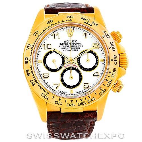 The image shows a frontal view of a Rolex Daytona 16518 Men's Yellow Gold White Dial 16518 Men's Yellow Gold White Dial watch, highlighting its gold case, white dial, and chronograph sub-dials.