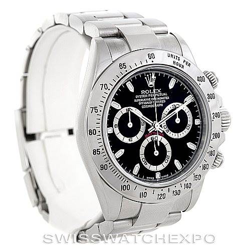This image shows a front angled view of a silver Rolex Daytona 116520 Men's Stainless Steel Black Dial 116520 Men's Stainless Steel Black Dial watch, displaying its face, band, and side pushers.