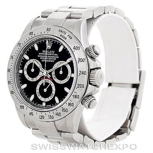 The image shows a side view of the Rolex Daytona 116520 Men's Stainless Steel Black Dial 116520 Men's Stainless Steel Black Dial watch, highlighting its black dial, chronograph sub-dials, and stainless steel bracelet.