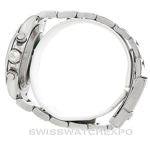 This side view of a Rolex Daytona 116520 Men's Stainless Steel Black Dial 116520 Men's Stainless Steel Black Dial watch shows the casing, bracelet, and crown with pushers.