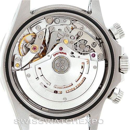 The image shows the exposed movement and intricate inner workings of a Rolex Daytona 116520 Men's Stainless Steel Black Dial 116520 Men's Stainless Steel Black Dial watch displayed from the back.