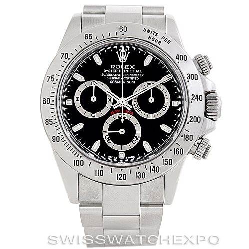 The image shows a front view of a Rolex Daytona 116520 Men's Stainless Steel Black Dial 116520 Men's Stainless Steel Black Dial watch, highlighting its dial, bezel, and bracelet.