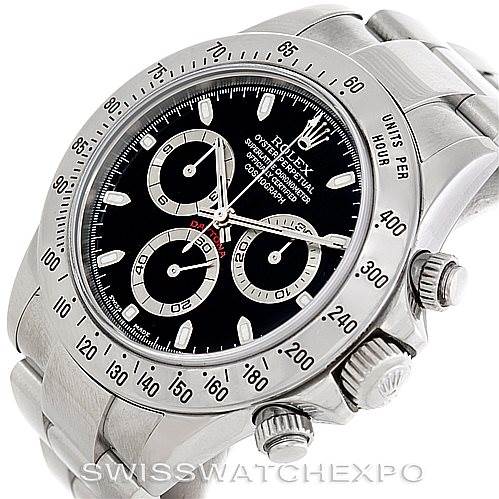 The image shows a close-up angled view of the Rolex Daytona 116520 Men's Stainless Steel Black Dial 116520 Men's Stainless Steel Black Dial watch, highlighting its face and side pushers.