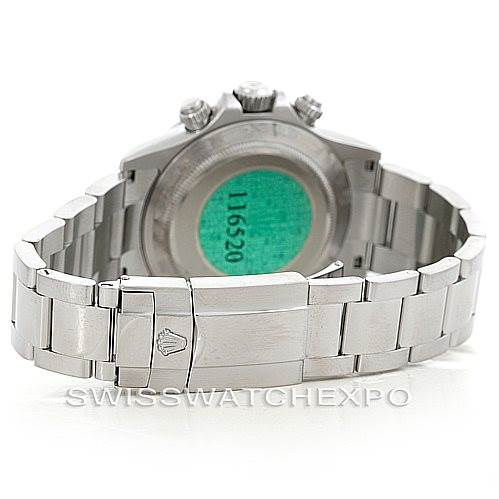 The image shows the back and bracelet clasp of a Rolex Daytona 116520 Men's Stainless Steel Black Dial 116520 Men's Stainless Steel Black Dial watch, highlighting the case back and part of the bracelet.