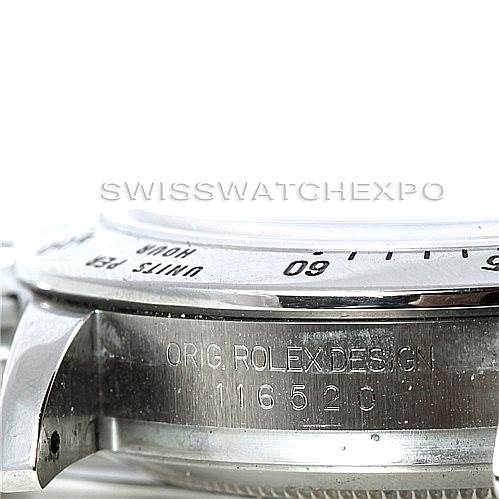 This image shows a close-up of the side of a Rolex Daytona 116520 Men's Stainless Steel White Dial 116520 Men's Stainless Steel White Dial watch, highlighting the bezel and the engraved model number "116520".
