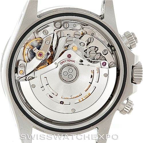 The image shows the back view of a Rolex Daytona 116520 Men's Stainless Steel White Dial 116520 Men's Stainless Steel White Dial watch, displaying its intricate movement and internal components.