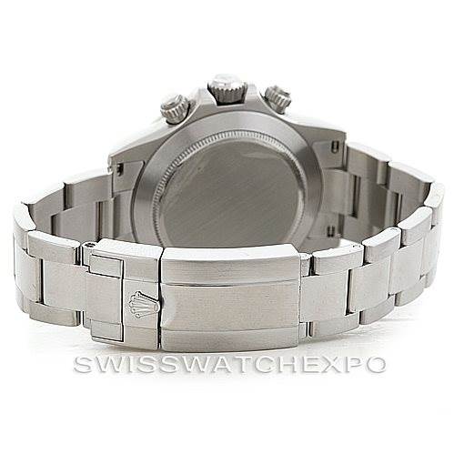 The image shows the back view of a Rolex Daytona 116520 Men's Stainless Steel White Dial 116520 Men's Stainless Steel White Dial watch, highlighting its stainless steel bracelet and clasp.