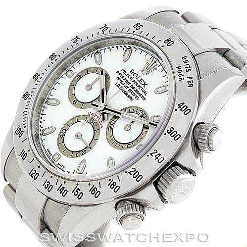 This image shows a Rolex Daytona 116520 Men's Stainless Steel White Dial 116520 Men's Stainless Steel White Dial watch from a front angle highlighting the dial, bezel, and part of the bracelet and crown.