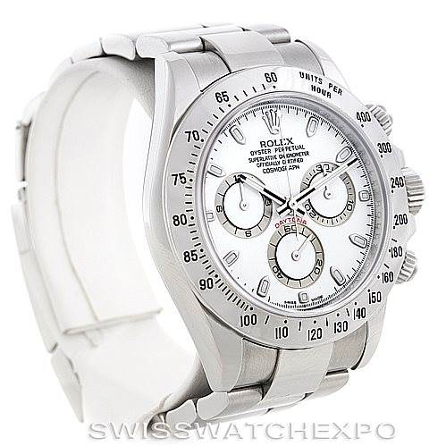 This image shows a Rolex Daytona 116520 Men's Stainless Steel White Dial 116520 Men's Stainless Steel White Dial watch with a clear view of the face, bezel, crown, pushers, and part of the bracelet from an angled perspective.