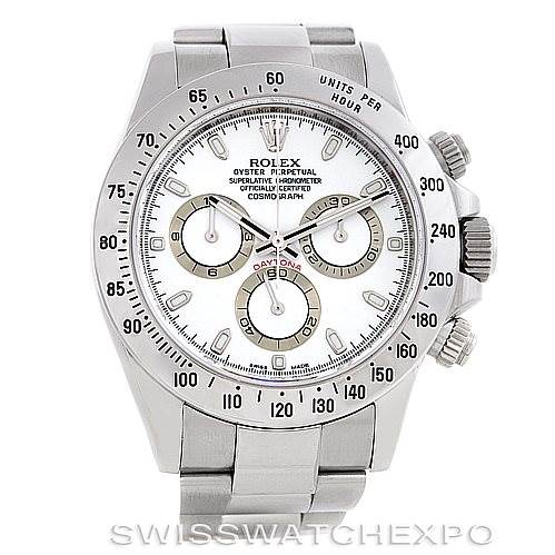 The image shows a frontal view of a Rolex Daytona 116520 Men's Stainless Steel White Dial 116520 Men's Stainless Steel White Dial watch, displaying its face, bezel, and part of the bracelet.