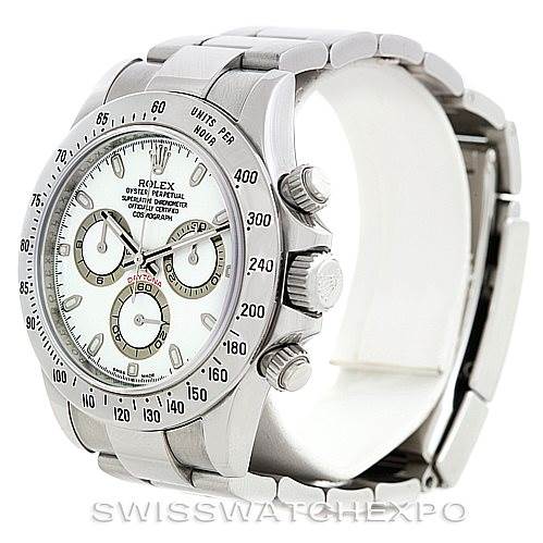 This image shows a Rolex Daytona 116520 Men's Stainless Steel White Dial 116520 Men's Stainless Steel White Dial watch, featuring its case, bezel, chronograph buttons, and part of the bracelet.
