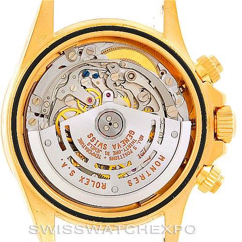 The image shows the internal movement mechanism viewed from the caseback of a Rolex Daytona 16528 Men's Yellow Gold White Dial 16528 Men's Yellow Gold White Dial watch.