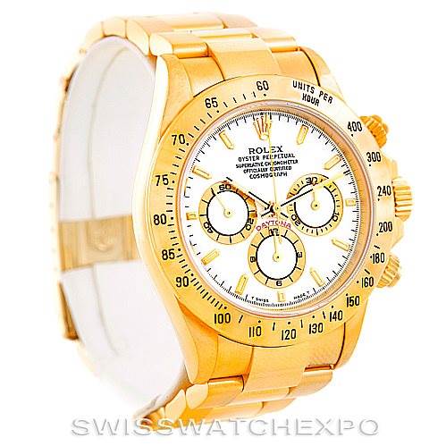 This image shows a Rolex Daytona 16528 Men's Yellow Gold White Dial 16528 Men's Yellow Gold White Dial model watch at a three-quarter angle, highlighting its gold bracelet and white dial with subdials.