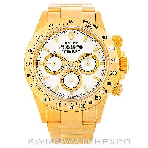 The image shows a Rolex Daytona 16528 Men's Yellow Gold White Dial 16528 Men's Yellow Gold White Dial watch from a front view, featuring a gold case and bracelet with a white dial.