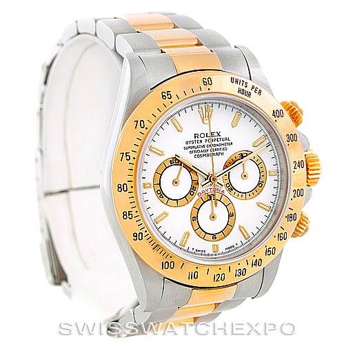 This image shows a Rolex Daytona 16523 Men's Steel and Gold (two tone) White Dial 16523 Men's Steel and Gold (two tone) White Dial watch from a front angle, highlighting the dial, bezel, and two-tone bracelet.