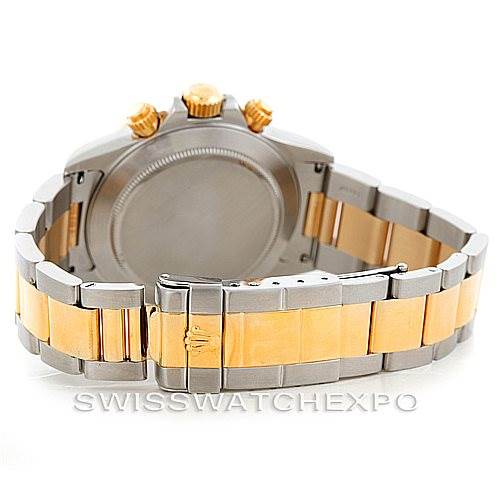 The image shows the back case and bracelet of a Rolex Daytona 16523 Men's Steel and Gold (two tone) White Dial 16523 Men's Steel and Gold (two tone) White Dial watch, highlighting its two-tone metal design.