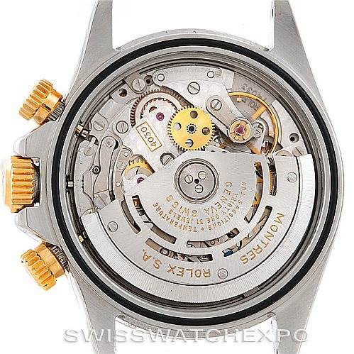 This image shows the inner mechanical movement of a Rolex Daytona 16523 Men's Steel and Gold (two tone) White Dial 16523 Men's Steel and Gold (two tone) White Dial watch from a rear angle.