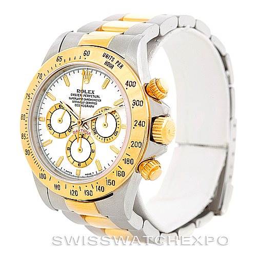 The image shows a Rolex Daytona 16523 Men's Steel and Gold (two tone) White Dial 16523 Men's Steel and Gold (two tone) White Dial watch at a three-quarter angle, highlighting its dial, bezel, crown, and strap.